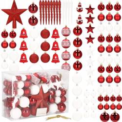Set globuri si decoratiuni de Craciun, 105 piese, diverse dimensiuni, alb rosu