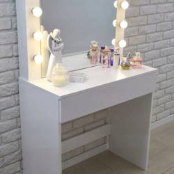 Masa de toaleta si machiaj Hollywood, alba, cu oglinda si 12 LED-uri, 80x40x140 cm