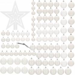 Set globuri si decoratiuni de Craciun, 100 piese, diverse dimensiuni cu stea, alb