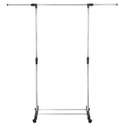 Suport pentru haine pe roti, reglabil pe inaltime si latime, din aluminiu cromat, 160x45x150cm, argintiu