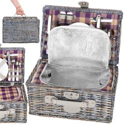 Cos de picnic echipat pentru 4 persoane Deluxe, din rachita, cu vesela si tacamuri, izolat termic, gri