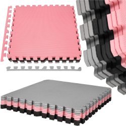 Covor din spuma pentru copii, tip puzzle forme, 27 piese, termoizolant, 179×179 cm, gri roz