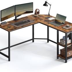 VASAGLE Birou de colt in forma de L, cu 2 rafturi de depozitare, 138x138x75cm, industrial, maro rustic si negru