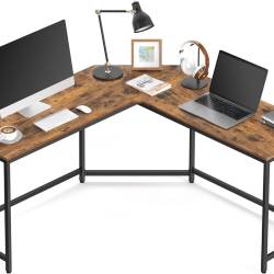 VASAGLE Birou de colt in forma de L, cadru din otel, 149x149x75cm, industrial, maro rustic si negru