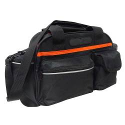 Geanta portbagaj bicicleta, 3 compartimente si 5 buzunare laterale, 45x20x22cm, negru cu elemente reflectorizante portocalii
