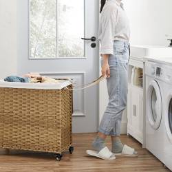 SONGMICS Cos de rufe tesut manual, cu captuseala detasabila lavabila, 3 compartimente, stil ratan, 140 litri, 66x33x60 cm, maro
