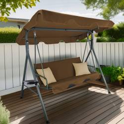 Leagan gradina 3 locuri 170x118x153 cm, cu perne, baldachin reglabil si masute laterale, structura otel, maro