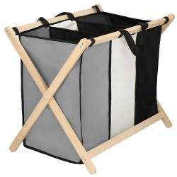 Cos de rufe cu 3 compartimente, cadru din lemn, 67x42x57 cm, 105 litri