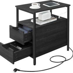 VASAGLE Noptiera 60x35x61 cm, cu 2 sertare, rafturi si priza incorporata, PAL si otel, gri antracit si negru