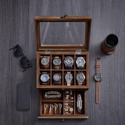 SONGMICS Cutie de ceasuri din lemn masiv, 8 compartimente si sertar bijuterii, 19x27x13cm, nuc rustic