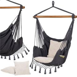 Hamac tip leagan suspendat pentru casa sau gradina HM43, gri inchis cu perne, 130x100cm, 150kg