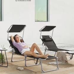 SONGMICS Sezlong pliabil, cu parasolar si tetiera, spatar reglabil in 4 pozitii, maxim 150kg, 193x53x29cm, negru