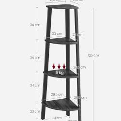 VASAGLE Raft de colt cu 4 etaje, tip biblioteca, cadru metal si polite lemn, 34x34x125 cm, negru