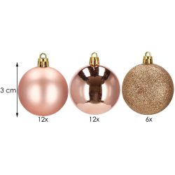 Set globuri de Craciun, 30 bucati, 3 modele, 3 cm, roz auriu