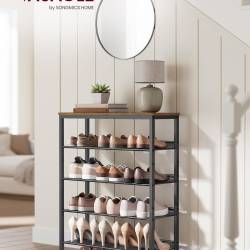 VASAGLE Raft de pantofi, 5 nivele reglabile din plasa, pentru 12-16 perechi, 75x28x93 cm, maro rustic