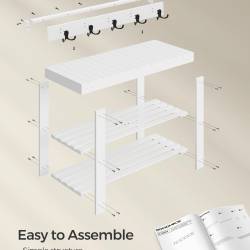 SONGMICS Set multifunctional pentru hol cu banca pentru pantofi si cuier, din bambus, 29x70x45 cm, alb