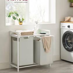 VASAGLE Cos de rufe, 2 compartimente, saci de rufe detasabili, raft, cadru metalic, 2x46L, 73x33x72 cm, alb