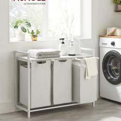 VASAGLE Cos de rufe, 3 compartimente, saci de rufe detasabili, raft, cadru metalic, 3x38L, 93x33x72 cm, alb
