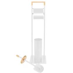 Stand cu perie WC si suport hartie igienica, metal si bambus, 76cm, alb perla