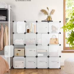 SONGMICS Unitate de depozitare cu 16 cuburi, pentru pantofi sau haine, personalizabil, 31x123x123 cm, alb transparent