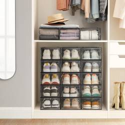 SONGMICS Cutii de pantofi, set 18 organizatoare stivuibile, structura rezistenta ABS, 34x23x14 cm, transparent si negru