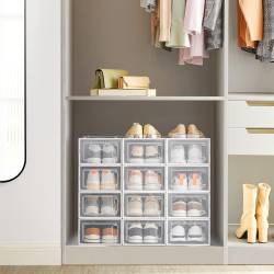 SONGMICS Cutii de pantofi, set de 12 organizatoare stivuibile, structura rezistenta ABS, 34x23x14 cm, transparent
