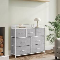 SONGMICS Comoda cu cadru metalic si 7 sertare din stofa, 29x98x85 cm , gri si alb