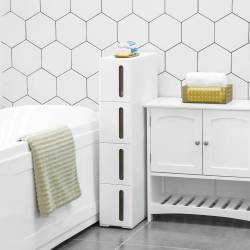 SONGMICS Dulap de depozitare pe roti, pentru bucatarie sau baie, din plastic, cu 4 nivele, 45x17x84cm, alb