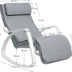 SONGMICS Scaun balansoar din lemn, suport picioare reglabil, maxim 150kg, 67x122x84cm, gri deschis