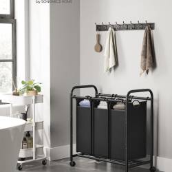 SONGMICS Cos de rufe cu 3 saci detasabili, structura metalica pe roti, 3x44L, 77x41x82cm, negru