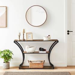 VASAGLE Masa de intrare cu picioare curbate, cadru otel si 3 polite lemn, stil industrial, 120x30x80cm, maro rustic si negru