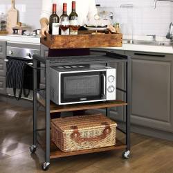 VASAGLE Carucior de servire pe roti pentru bucatarie, 3 polite, tava detasabila, stil industrial, 40x72x86cm, maro rustic