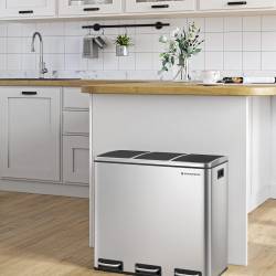 SONGMICS Cos de gunoi din inox cu 3 compartimente colectare selectiva, cu galeti interioare, 3x18litri, argintiu si negru