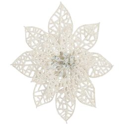 Set 10 ornamente pentru bradul de Craciun, stea Poinsettia, 14cm, alb cu sclipici