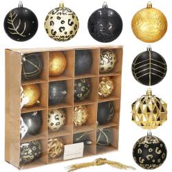 Set globuri de Craciun, 16 bucati, 8cm, 6 modele, negru auriu