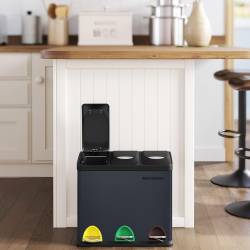SONGMICS Cos de gunoi din otel cu 3 compartimente colectare selectiva, cu galeti interioare, 3x8litri, negru