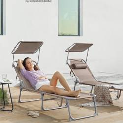 SONGMICS Sezlong pliabil, cu parasolar si tetiera, spatar reglabil in 4 pozitii, maxim 150kg, 193x53x29cm, crem