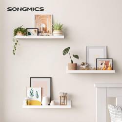 SONGMICS Set 3 rafturi de perete plutitoare din MDF, suport pentru rame foto, 38x10cm, alb
