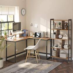 VASAGLE Birou in forma de L cu suport pentru monitor, cadru metalic, 140x130x76cm, maro rustic