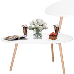 Masa de cafea, ovala, blat 100x50 cm, inaltime 48 cm, Blat MDF, Picioare lemn, Alb