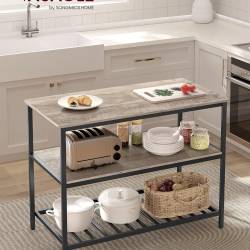 VASAGLE Raft de bucatarie tip insula, cadru de otel cu 3 nivele, stil industrial, 60x120x90cm, gri stejar