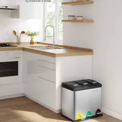 SONGMICS Cos de gunoi din inox cu 3 compartimente colectare selectiva, cu galeti interioare, 3x8litri, argintiu si negru