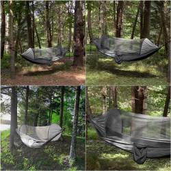 Hamac dublu din material parasuta 140x260cm, cu plasa de tantari si geanta transport, gri