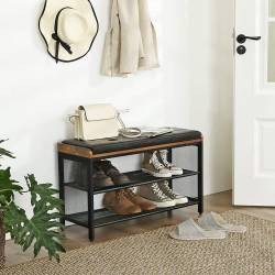 VASAGLE Banca pentru hol, cu raft suport de pantofi, sezut captusit imitatie piele, design industrial, 30x80x48cm, negru cu maro