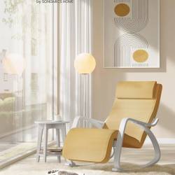 SONGMICS Scaun balansoar din lemn, suport picioare reglabil, maxim 150kg, 55x122x84cm, galben-pastel