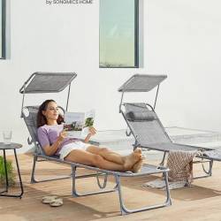 SONGMICS Sezlong pliabil, cu parasolar si tetiera, spatar reglabil in 4 pozitii, maxim 150kg, 193x53x29cm, gri deschis