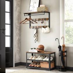 VASAGLE Raft de perete tip cuier, 10 carlige detasabile, sina pentru haine, 30x65x42cm, maro rustic si negru