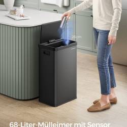 SONGMICS Cos de gunoi din inox, cu senzor si soft-close, 68 litri, 41x30x67 cm, negru