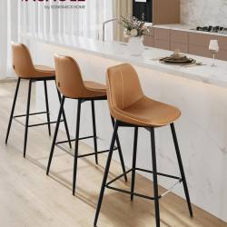 VASAGLE Set 2 scaune de bar, spatar ergonomic din piele ecologica, cadru metalic, 50x50x99 cm, maro caramel