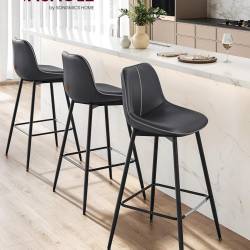 VASAGLE Set 2 scaune de bar, spatar ergonomic din piele ecologica, cadru metalic, 50x50x99 cm, negru